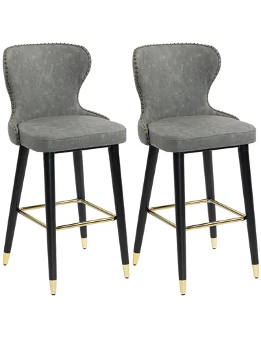 HOMCOM Bar Stools Set of 2, PU Leather Barstools with Back, Footrest and Wood Legs for Kitchen, Counter, Breakfast Bar, Grey