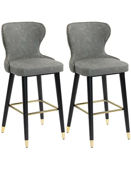 HOMCOM Bar Stools Set of 2, PU Leather Barstools with Back, Footrest and Wood Legs for Kitchen, Counter, Breakfast Bar, Grey