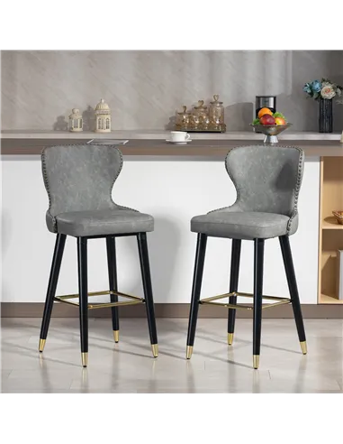 HOMCOM Bar Stools Set of 2, PU Leather Barstools with Back, Footrest and Wood Legs for Kitchen, Counter, Breakfast Bar, Grey