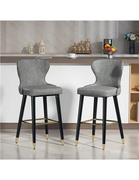 HOMCOM Bar Stools Set of 2, PU Leather Barstools with Back, Footrest and Wood Legs for Kitchen, Counter, Breakfast Bar, Grey