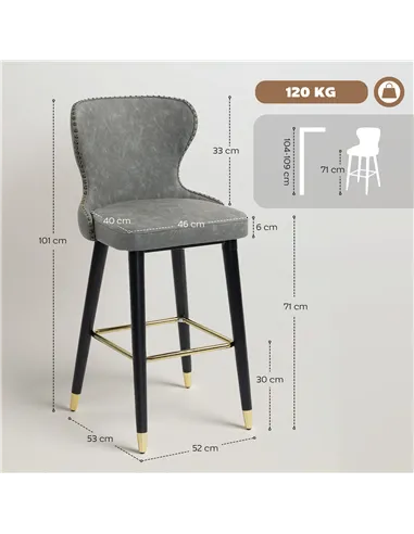 HOMCOM Bar Stools Set of 2, PU Leather Barstools with Back, Footrest and Wood Legs for Kitchen, Counter, Breakfast Bar, Grey