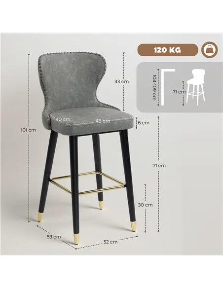 HOMCOM Bar Stools Set of 2, PU Leather Barstools with Back, Footrest and Wood Legs for Kitchen, Counter, Breakfast Bar, Grey