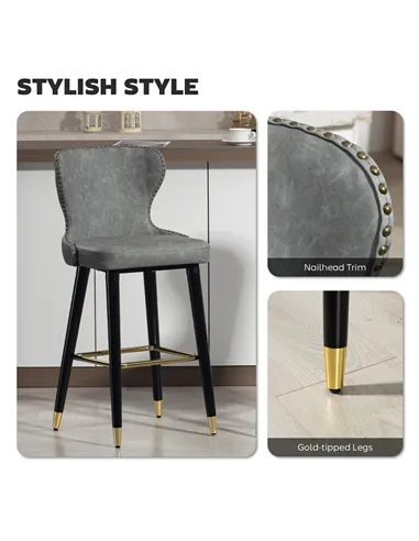 HOMCOM Bar Stools Set of 2, PU Leather Barstools with Back, Footrest and Wood Legs for Kitchen, Counter, Breakfast Bar, Grey