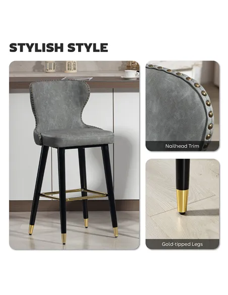 HOMCOM Bar Stools Set of 2, PU Leather Barstools with Back, Footrest and Wood Legs for Kitchen, Counter, Breakfast Bar, Grey