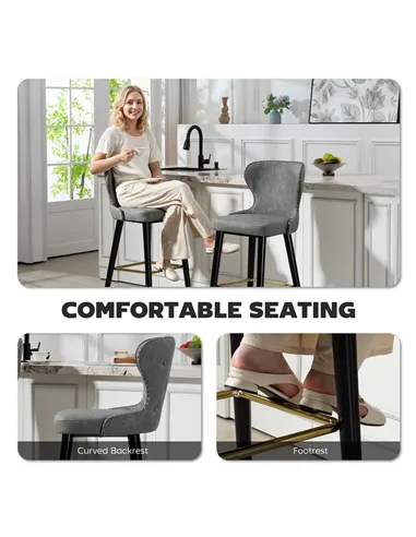 HOMCOM Bar Stools Set of 2, PU Leather Barstools with Back, Footrest and Wood Legs for Kitchen, Counter, Breakfast Bar, Grey