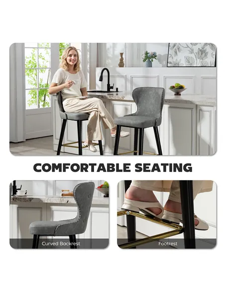 HOMCOM Bar Stools Set of 2, PU Leather Barstools with Back, Footrest and Wood Legs for Kitchen, Counter, Breakfast Bar, Grey