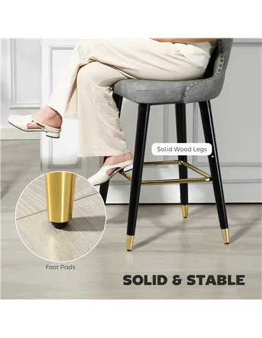 HOMCOM Bar Stools Set of 2, PU Leather Barstools with Back, Footrest and Wood Legs for Kitchen, Counter, Breakfast Bar, Grey