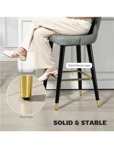 HOMCOM Bar Stools Set of 2, PU Leather Barstools with Back, Footrest and Wood Legs for Kitchen, Counter, Breakfast Bar, Grey