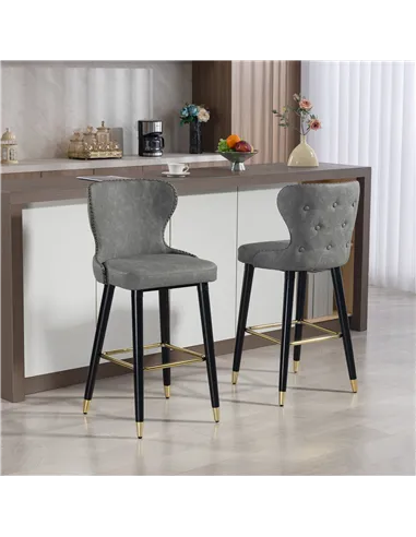 HOMCOM Bar Stools Set of 2, PU Leather Barstools with Back, Footrest and Wood Legs for Kitchen, Counter, Breakfast Bar, Grey