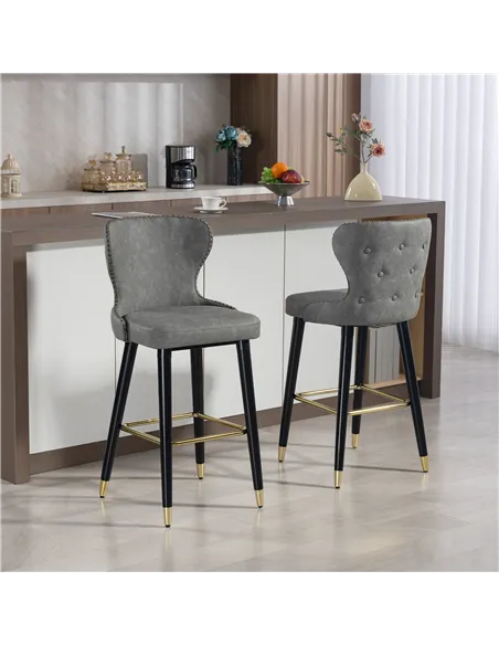HOMCOM Bar Stools Set of 2, PU Leather Barstools with Back, Footrest and Wood Legs for Kitchen, Counter, Breakfast Bar, Grey