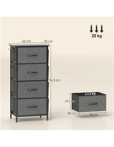 HOMCOM Chest of Four Fabric Drawers - Charcoal Grey