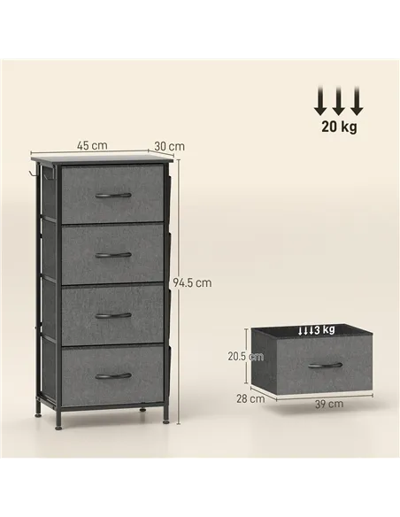HOMCOM Chest of Four Fabric Drawers - Charcoal Grey