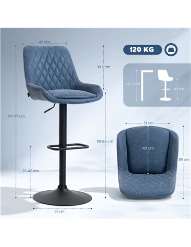 HOMCOM Set of Two Faux Leather Retro Bar Stools - Dark Blue