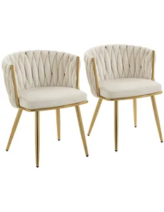 HOMCOM Velvet-Feel Dining Chairs Set of 2, Modern Upholstered Kitchen Chairs with Woven Backrest and Armrests, Metal Legs and Pa