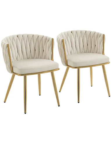HOMCOM Velvet-Feel Dining Chairs Set of 2, Modern Upholstered Kitchen Chairs with Woven Backrest and Armrests, Metal Legs and Pa