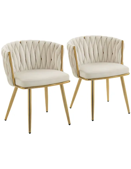 HOMCOM Velvet-Feel Dining Chairs Set of 2, Modern Upholstered Kitchen Chairs with Woven Backrest and Armrests, Metal Legs and Pa