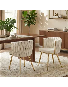 HOMCOM Velvet-Feel Dining Chairs Set of 2, Modern Upholstered Kitchen Chairs with Woven Backrest and Armrests, Metal Legs and Pa 2