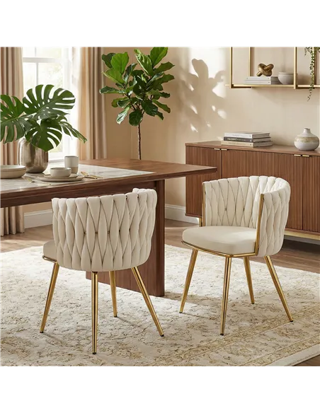 HOMCOM Velvet-Feel Dining Chairs Set of 2, Modern Upholstered Kitchen Chairs with Woven Backrest and Armrests, Metal Legs and Pa