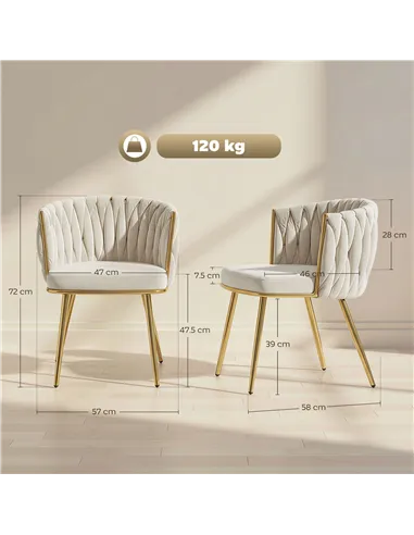 HOMCOM Velvet-Feel Dining Chairs Set of 2, Modern Upholstered Kitchen Chairs with Woven Backrest and Armrests, Metal Legs and Pa
