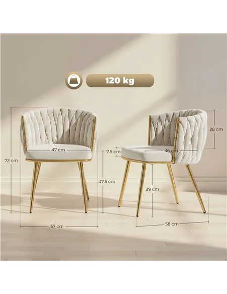 HOMCOM Velvet-Feel Dining Chairs Set of 2, Modern Upholstered Kitchen Chairs with Woven Backrest and Armrests, Metal Legs and Pa