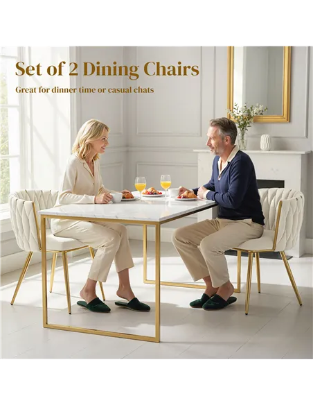 HOMCOM Velvet-Feel Dining Chairs Set of 2, Modern Upholstered Kitchen Chairs with Woven Backrest and Armrests, Metal Legs and Pa