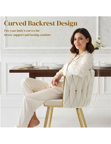 HOMCOM Velvet-Feel Dining Chairs Set of 2, Modern Upholstered Kitchen Chairs with Woven Backrest and Armrests, Metal Legs and Pa