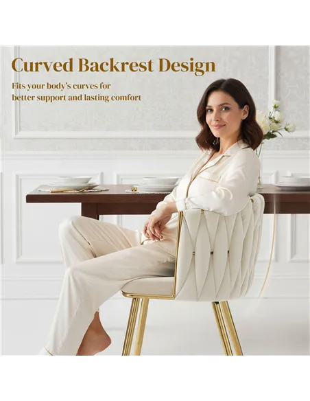 HOMCOM Velvet-Feel Dining Chairs Set of 2, Modern Upholstered Kitchen Chairs with Woven Backrest and Armrests, Metal Legs and Pa