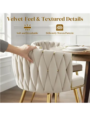 HOMCOM Velvet-Feel Dining Chairs Set of 2, Modern Upholstered Kitchen Chairs with Woven Backrest and Armrests, Metal Legs and Pa