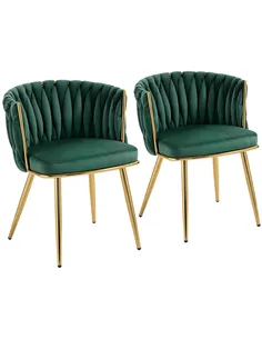 HOMCOM Velvet-Feel Dining Chairs Set of 2, Modern Upholstered Kitchen Chairs with Woven Backrest and Armrests, Metal Legs and Pa