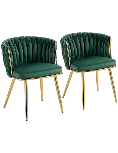 HOMCOM Velvet-Feel Dining Chairs Set of 2, Modern Upholstered Kitchen Chairs with Woven Backrest and Armrests, Metal Legs and Pa