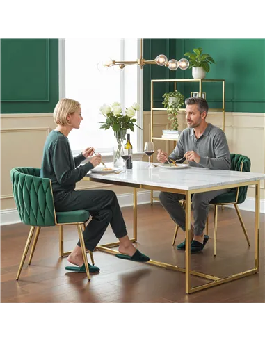 HOMCOM Velvet-Feel Dining Chairs Set of 2, Modern Upholstered Kitchen Chairs with Woven Backrest and Armrests, Metal Legs and Pa