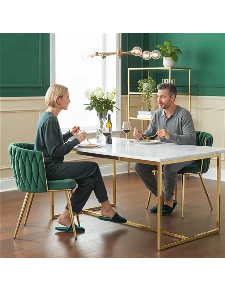 HOMCOM Velvet-Feel Dining Chairs Set of 2, Modern Upholstered Kitchen Chairs with Woven Backrest and Armrests, Metal Legs and Pa