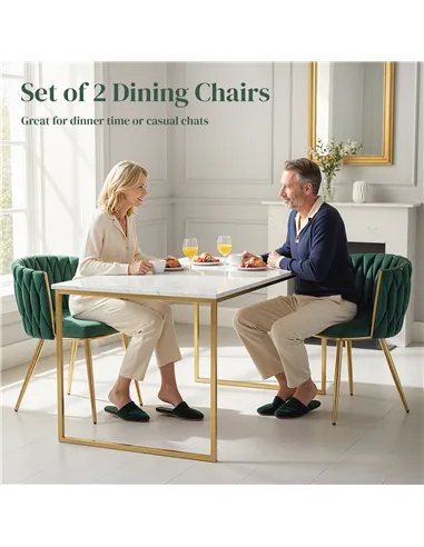 HOMCOM Velvet-Feel Dining Chairs Set of 2, Modern Upholstered Kitchen Chairs with Woven Backrest and Armrests, Metal Legs and Pa