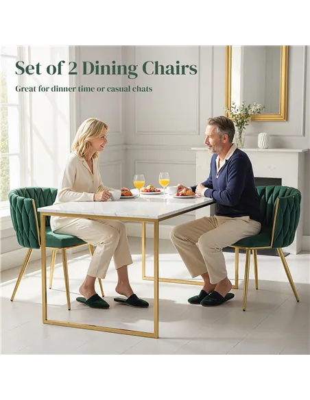 HOMCOM Velvet-Feel Dining Chairs Set of 2, Modern Upholstered Kitchen Chairs with Woven Backrest and Armrests, Metal Legs and Pa