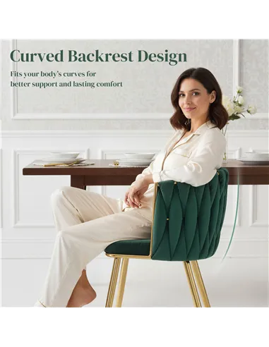 HOMCOM Velvet-Feel Dining Chairs Set of 2, Modern Upholstered Kitchen Chairs with Woven Backrest and Armrests, Metal Legs and Pa