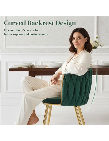 HOMCOM Velvet-Feel Dining Chairs Set of 2, Modern Upholstered Kitchen Chairs with Woven Backrest and Armrests, Metal Legs and Pa