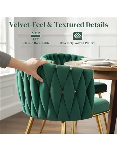 HOMCOM Velvet-Feel Dining Chairs Set of 2, Modern Upholstered Kitchen Chairs with Woven Backrest and Armrests, Metal Legs and Pa