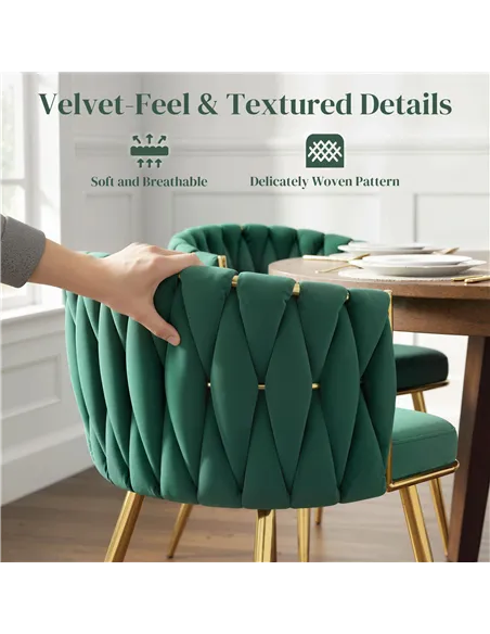 HOMCOM Velvet-Feel Dining Chairs Set of 2, Modern Upholstered Kitchen Chairs with Woven Backrest and Armrests, Metal Legs and Pa