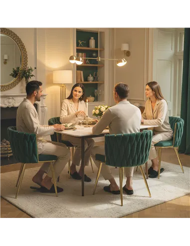 HOMCOM Velvet-Feel Dining Chairs Set of 2, Modern Upholstered Kitchen Chairs with Woven Backrest and Armrests, Metal Legs and Pa