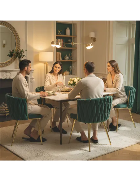 HOMCOM Velvet-Feel Dining Chairs Set of 2, Modern Upholstered Kitchen Chairs with Woven Backrest and Armrests, Metal Legs and Pa