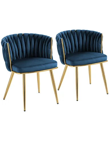 HOMCOM Velvet-Feel Dining Chairs Set of 2, Modern Upholstered Kitchen Chairs with Woven Backrest and Armrests, Metal Legs and Pa