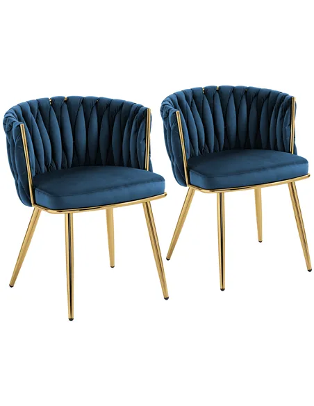 HOMCOM Velvet-Feel Dining Chairs Set of 2, Modern Upholstered Kitchen Chairs with Woven Backrest and Armrests, Metal Legs and Pa