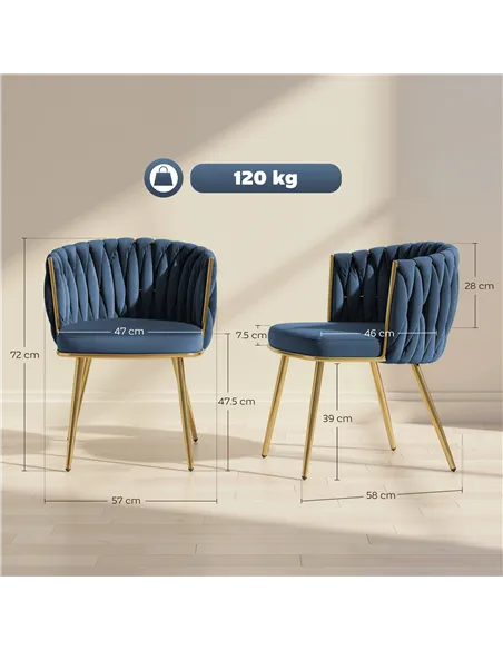 HOMCOM Velvet-Feel Dining Chairs Set of 2, Modern Upholstered Kitchen Chairs with Woven Backrest and Armrests, Metal Legs and Pa