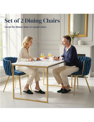 HOMCOM Velvet-Feel Dining Chairs Set of 2, Modern Upholstered Kitchen Chairs with Woven Backrest and Armrests, Metal Legs and Pa