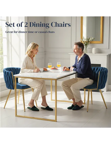 HOMCOM Velvet-Feel Dining Chairs Set of 2, Modern Upholstered Kitchen Chairs with Woven Backrest and Armrests, Metal Legs and Pa