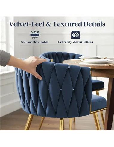 HOMCOM Velvet-Feel Dining Chairs Set of 2, Modern Upholstered Kitchen Chairs with Woven Backrest and Armrests, Metal Legs and Pa