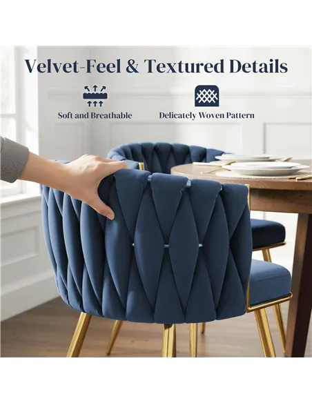 HOMCOM Velvet-Feel Dining Chairs Set of 2, Modern Upholstered Kitchen Chairs with Woven Backrest and Armrests, Metal Legs and Pa