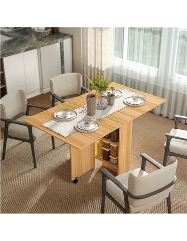 HOMCOM Folding Dining Table, Drop Leaf Table for Small Spaces, Foldable Rectangular Tabletop with Storage Shelves for Kitchen, D