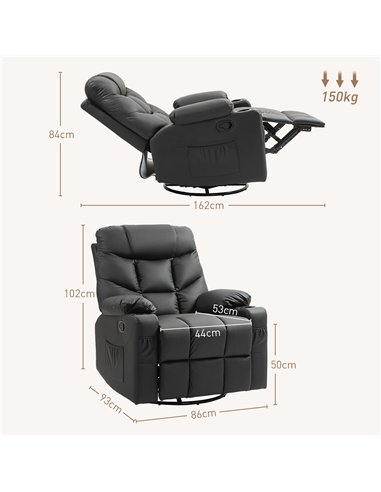 HOMCOM Manual Reclining Chair, Recliner Armchair with Swivel, Faux Leather, Footrest, Cup Holders, 86x93x102cm, Black