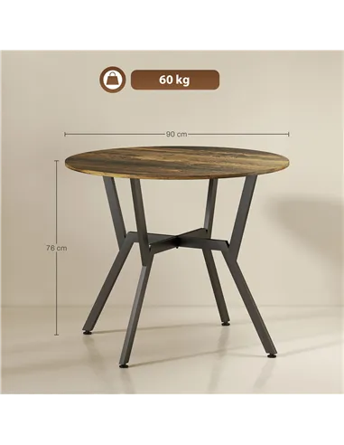 HOMCOM Dining Table, Round Kitchen Table with Black Legs, Anti-slip Foot Pads for Living Room, Dining Room 90 x 76 cm, Rustic Br